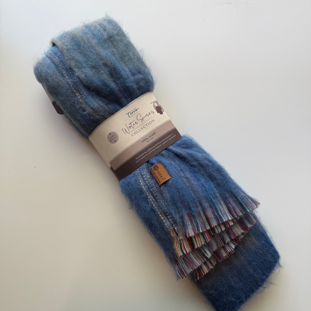Terra Handmade Alpaca Blend Scarf Blue Fringe Kichwa Artisan Winter Wrap NEW